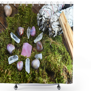 Personality  A Close Up Image Of A Crystal Energy Healing Grid On Moss With Various Smudge Sticks. Shower Curtains