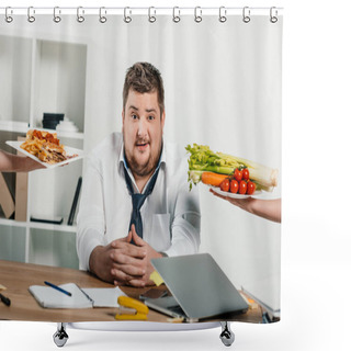 Personality  Overweight Businessman Choosing Healthy Or Junk Food At Workplace In Office Shower Curtains