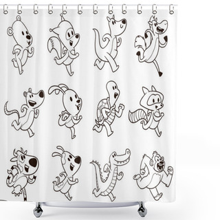 Personality  Set Of Twelve Cute Running Animals, Line Art Shower Curtains