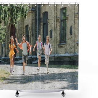 Personality  Four Adorable Multicultural Schoolchildren Smiling While Running In Schoolyard Shower Curtains