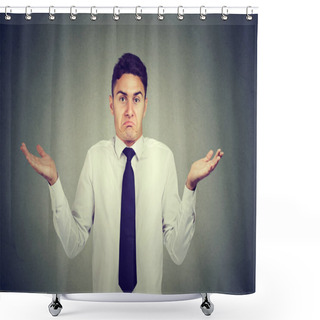 Personality  Closeup Portrait Young Business Man Shrugging Shoulders  Shower Curtains