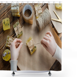 Personality  Top View Of Craftswoman Holding Twine Near Craft Soap On Paper At Home  Shower Curtains