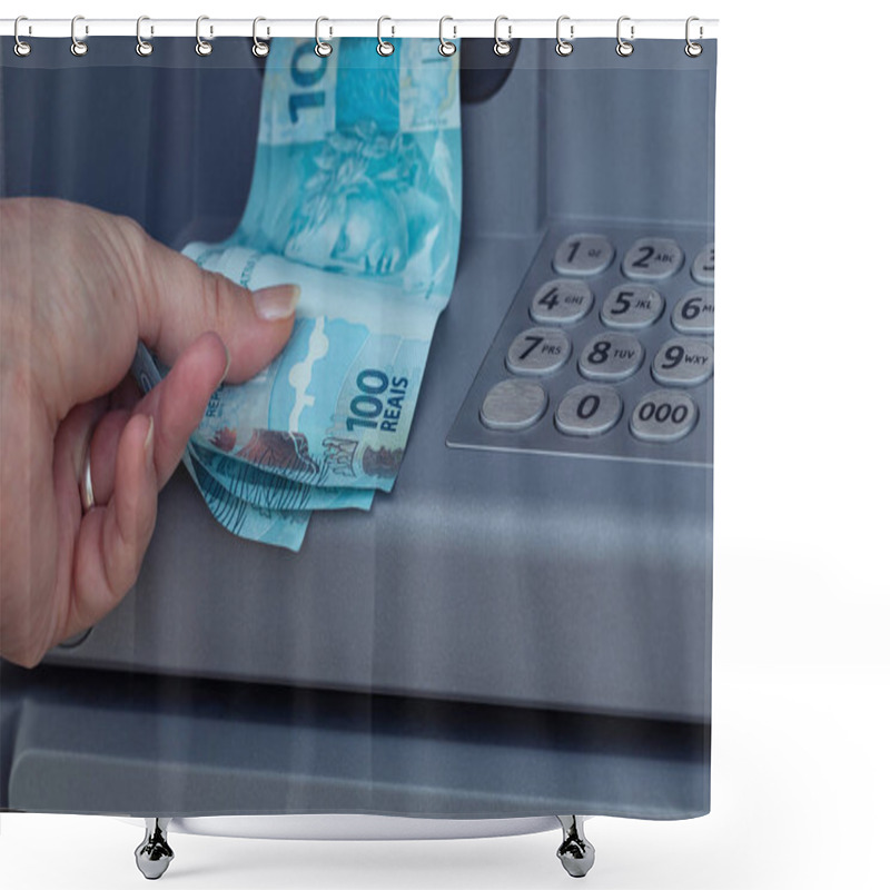 Personality  Brazilian money withdrawn from an ATM shower curtains