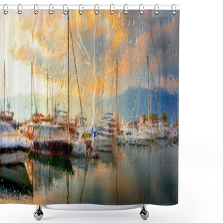 Personality  Yachts In Harbor Whrough Rainy Window Shower Curtains