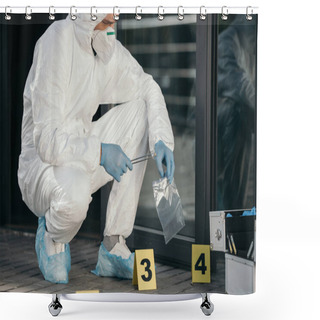 Personality  Male Criminologist In Protective Suit And Latex Gloves Packing Evidence At Crime Scene Shower Curtains
