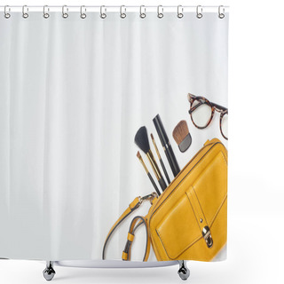 Personality  Glasses, Mascara, Cosmetic Brushes And Yellow Bag On White Background Shower Curtains