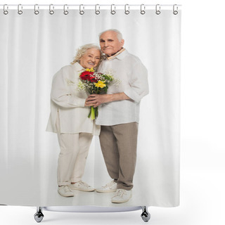 Personality  Happy Elderly Couple Hugging, Holding Bouquet Of Flowers And Looking At Camera On White Shower Curtains