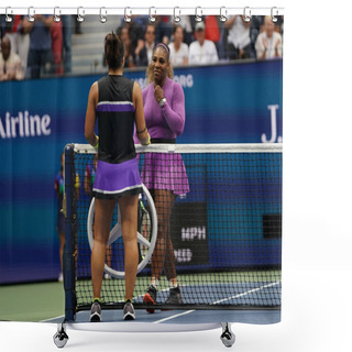 Personality  NEW YORK - SEPTEMBER 7, 2019: 2019 US Open Champion Bianca Andreescu Of Canada Embraces Serena Williams At The Net Following Her Win In The Final Match At Billie Jean King National Tennis Center In New York  Shower Curtains