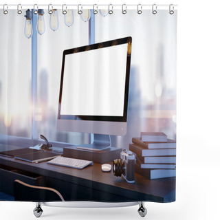 Personality  Mock Up Of Generic Design Computer Screen And Blured City. 3D Rendering Shower Curtains