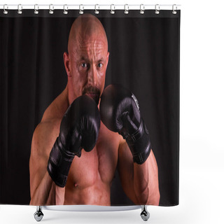 Personality  Bodybuilder Posing In Different Poses Demonstrating Their Muscle Shower Curtains