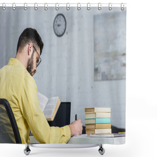 Personality  Selective Focus Of Man Writing While Holding Book In Modern Office Shower Curtains