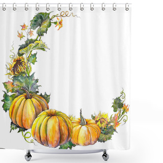 Personality  Watercolor Wreath Witn Pumpkins, Sunflowers And Leaves. Isolated Illustration On White Background.  Shower Curtains