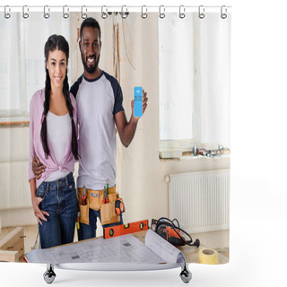 Personality  Couple Holding Smartphone With Skype App On Screen During Renovation Shower Curtains