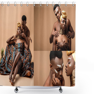Personality  Collage Of Naked Tribal Afro Couple Posing On Beige Background Shower Curtains