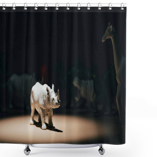 Personality  White Toy Rhinoceros Under Spotlight With Animals At Background, Voting Concept Shower Curtains