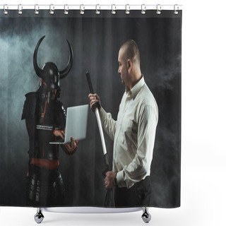 Personality  Man With Katana Standing In Fornt Of Samurai While He Using Laptop Shower Curtains