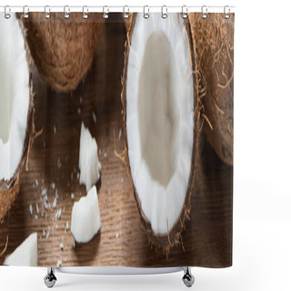 Personality  Fresh Tasty Whole And Cracked Coconuts And Flakes On Wooden Table, Panoramic Shot Shower Curtains