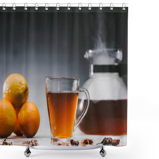 Personality  Cup Of Hot Black Tea With Citrus Fruits And Steaming Teapot Shower Curtains