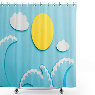 Personality  Top View Of Paper Cut Sun, Clouds And Sea Waves On Blue  Shower Curtains