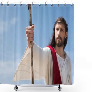 Personality  Selective Focus Of Jesus In Robe, Red Sash And Crown Of Thorns Holding Wooden Staff In Desert Shower Curtains