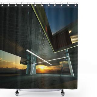 Personality  Closeup And Perspective View Of Empty Cement Floor With Steel And Glass Modern Building Exterior . 3D Rendering And Real Images Mixed Media . Shower Curtains