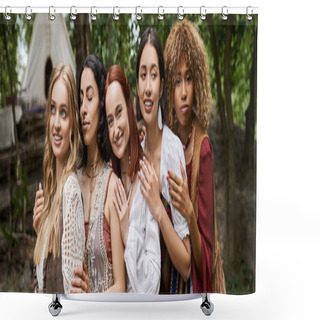 Personality  Positive Multiethnic Women In Boho Outfits Hugging Outdoors In Retreat Center, Banner Shower Curtains