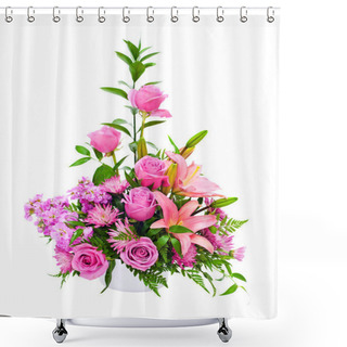 Personality  Colorful Purple Flower Arrangement Centerpiece With Roses, Lily, Carnations, Isolated On White. Shower Curtains