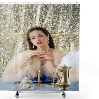 Personality  Brunette Woman In Tulle Dress Looking At Camera Near Blue Plates And Burning Candle On Glitter Silver Background Shower Curtains