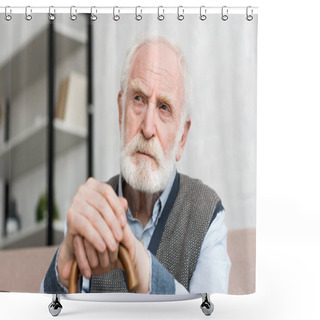 Personality  Pensive And Lonely Grey Haired Man With Walking Stick Looking Away Shower Curtains