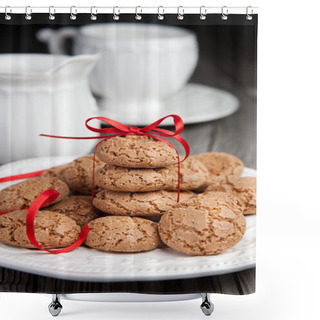 Personality  Cup Of Tea And Cookies On Wooden Background Shower Curtains