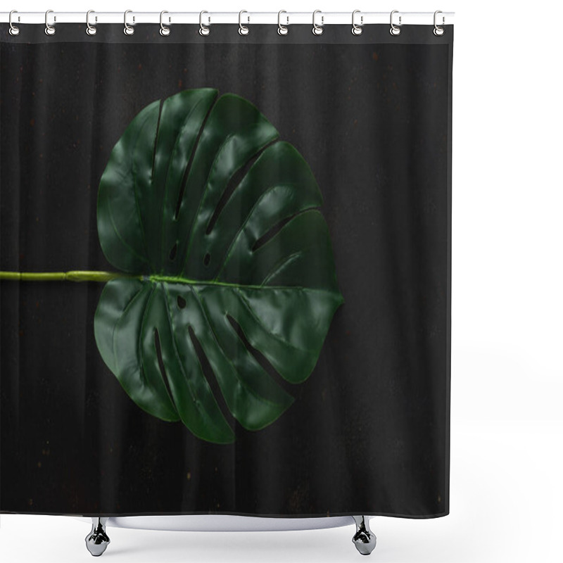 Personality  Creative Layout With Green Tropical Palm Leaves On Black Background. Minimal Summer Abstract Pattern. Shower Curtains