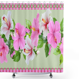 Personality  Horizontal Floral Border Pink Rose, Hibiscus, Green Leaves, Patt Shower Curtains