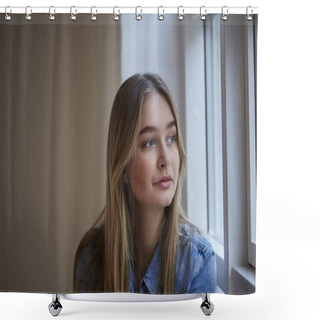 Personality  Girl Looking Away Through Window, Content Shower Curtains