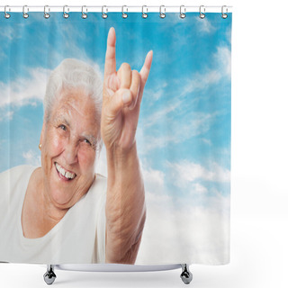 Personality  Old Woman Showing Rock Symbol Shower Curtains