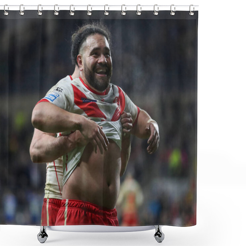 Personality  Konrad Hurrell Of St. Helens Celebrates After The Game During The Betfred Super League Round 5 Match Leeds Rhinos Vs St Helens At Headingley Stadium, Leeds, United Kingdom, 15th March 202 Shower Curtains