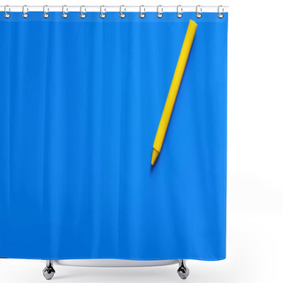 Personality  Top View Of Yellow Crayon On Blue Background  Shower Curtains