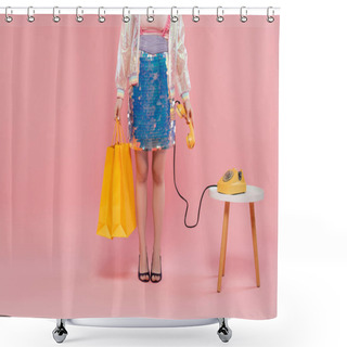 Personality  Conceptual Photography, Cropped View Of Young Woman Carrying Shopping Bags And Holding Retro Telephone, Standing On Pink Background, Phone Call, Vintage Telephone, Housewife Concept  Shower Curtains