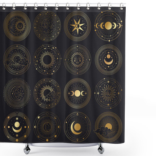 Personality  Magical Sun And Moon Circle. Sacred Golden Ornate Circle Frames, Sun, Moon And Clouds Vector Illustration Symbols Set. Mystical Night Sky Elements Shower Curtains