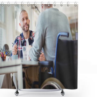 Personality  Businessman Discussing With Handicap Colleague Shower Curtains