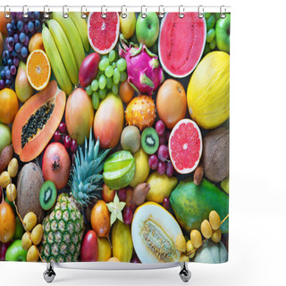 Personality  Food Background. Assortment Of Colorful Ripe Tropical Fruits. Top View Shower Curtains