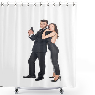 Personality  Attractive Elegant Woman Hugging Male Secret Agent With Gun, Isolated On White Shower Curtains