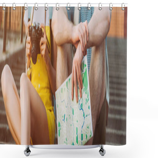 Personality  Panoramic Shot Of Woman Holding Digital Camera And Man Holding Map  Shower Curtains
