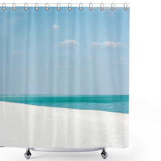 Personality  Beautiful Beach With Turquoise Ocean, White Sand And Blue Sky With White Clouds Shower Curtains