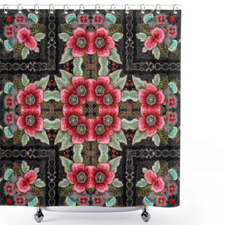 Personality  Boho Folkloric Flower Pattern With A Gypsy Retro Style. Repeatable Vintage Cloth Effect Print In Black And Red Gothic Fashion Colors Shower Curtains