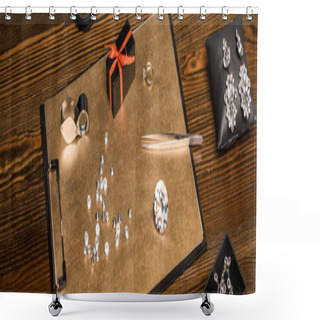 Personality  Panoramic Shot Of Gemstones, Jewelry And Gift Box On Board On Wooden Table  Shower Curtains