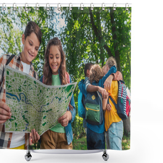 Personality  Selective Focus Of Happy Kids Looking At Map Near Multicultural Friends Hugging In Park  Shower Curtains