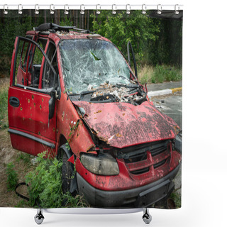 Personality  This Stock Photo Shows A Dump Of Shot And Burned Cars In Irpin, Bucha District Shower Curtains