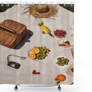 Personality  Picnic Concept, Grapes, Strawberries, Cherry Tomatoes, Orange, Wine, Basket, Straw Hat, Top View Shower Curtains