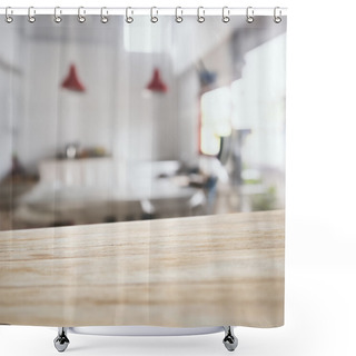 Personality  Table Top Counter Bar With Blurred Kitchen Background Shower Curtains