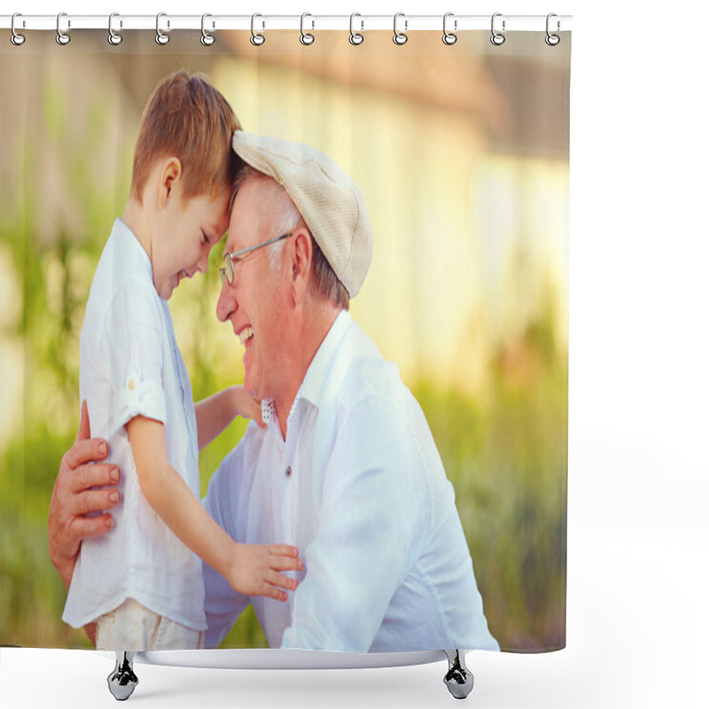 Personality  Portrait Of Happy Grandfather And Grandson Bow Their Heads Shower Curtains